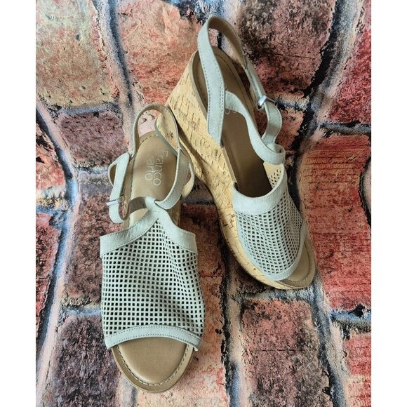 Franco Sarto Cork Platform Wedge Sling Back Sandal Taupe Size 10 Mesh Faux Suede - Picture 2 of 14